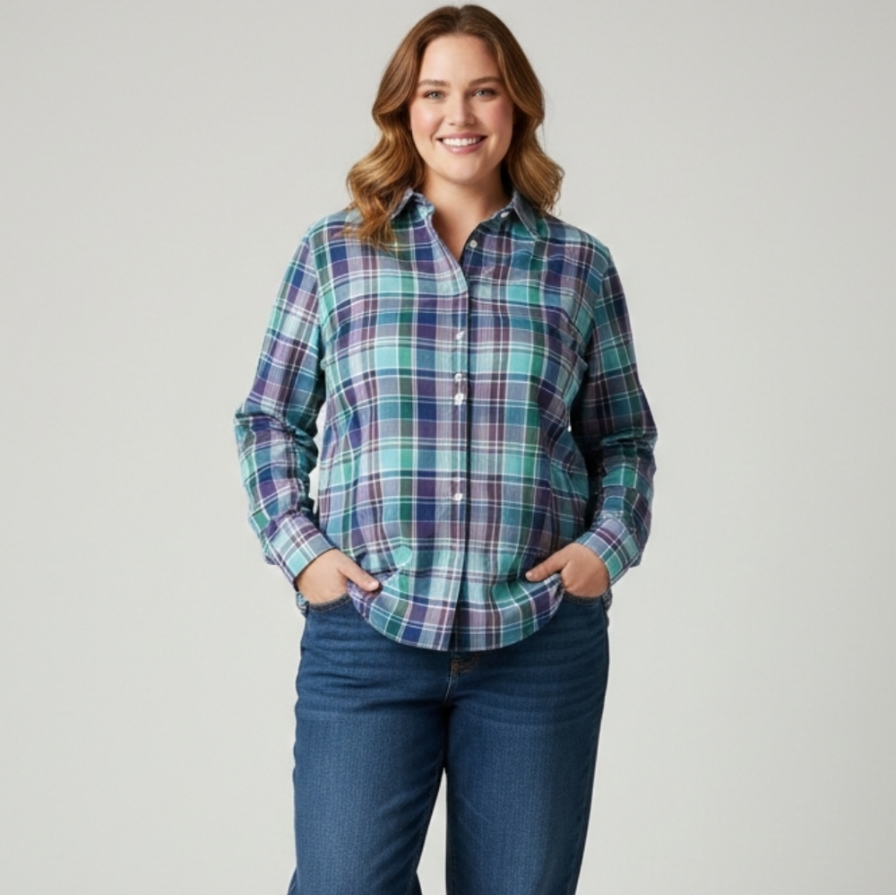Chaps Women’s 1X Plaid Button Down Shirt Teal Green Purple 100% Cotton Coastal